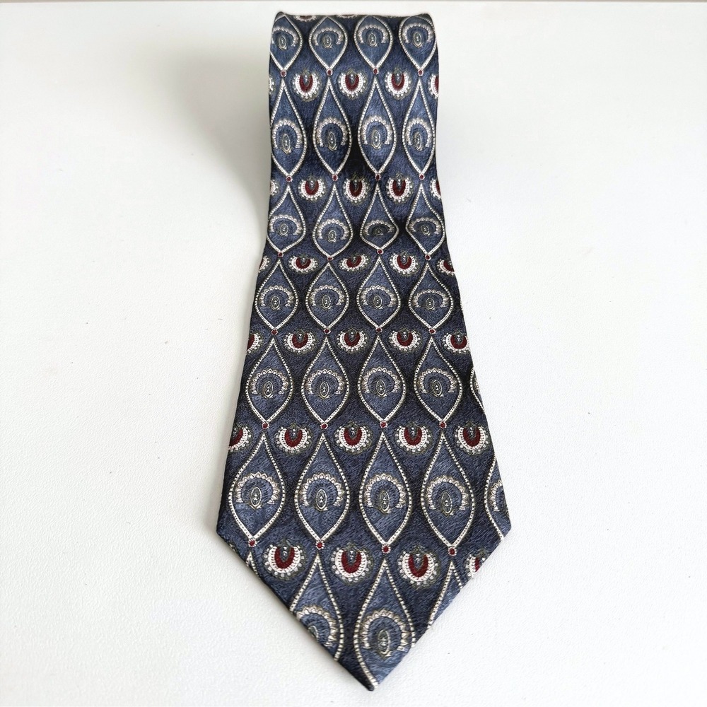 VTG Pierre Cardin Mens Silk Tie Teardrop Geometric Medallion Pattern Blue Wide